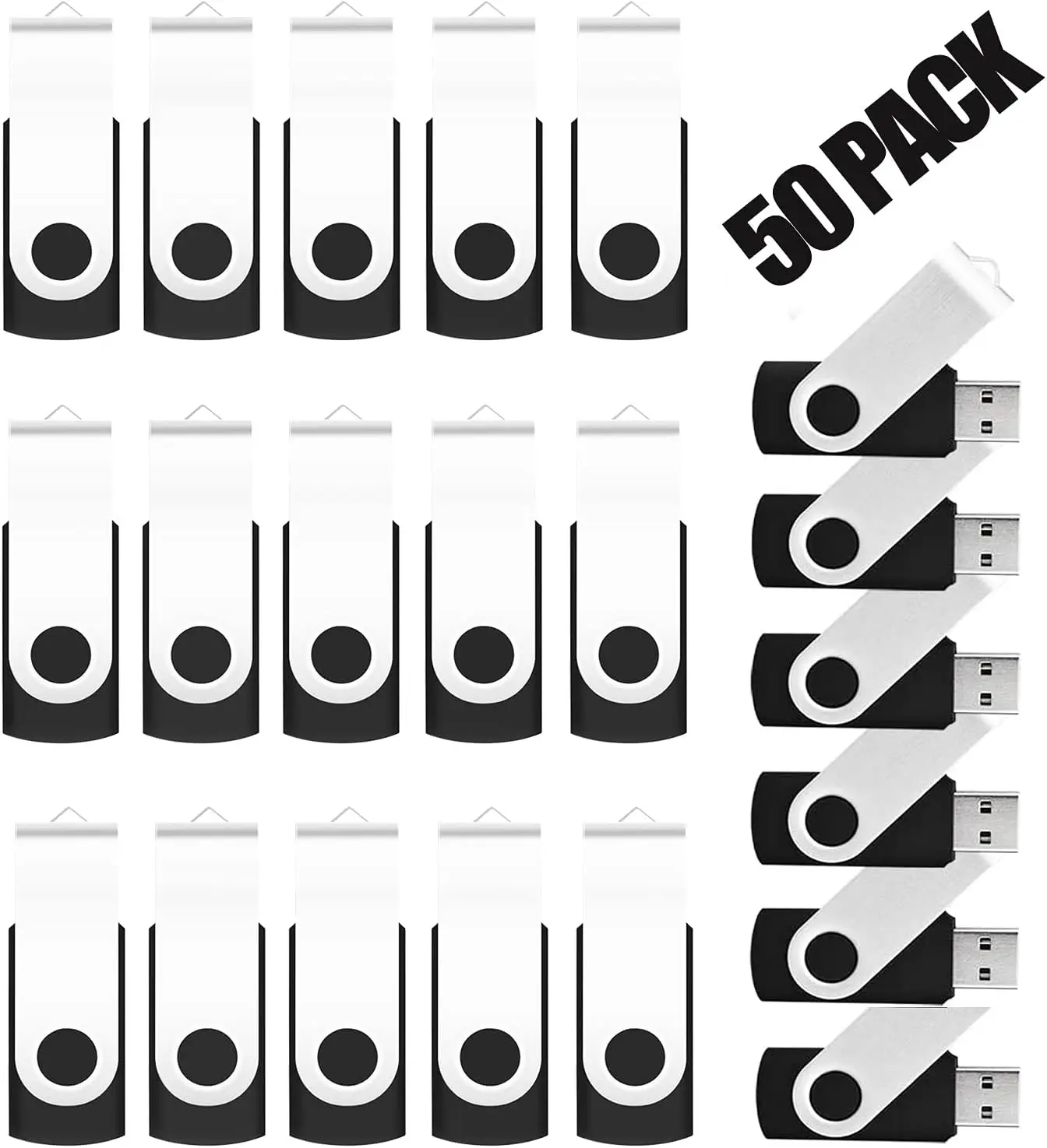 

50 Pack 4GB USB Flash Drives Bulk Swivel Thumb Drives, Black, High-Speed Data Storage