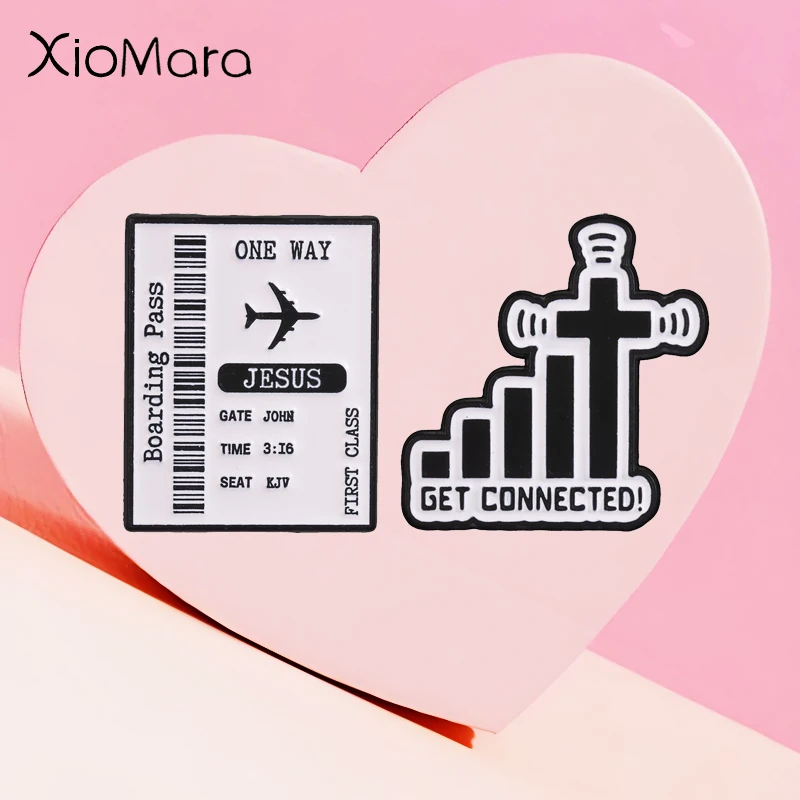 Christian Faith Enamel Badge Jesus One Way Boarding Pass Get Connected Cross Signal Religious Pins Lapel Brooches Jewelry Gifts