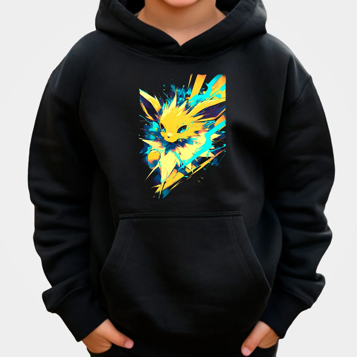 Pokemon Anime Pikachu Cotton Hoodie Black with Yellow Character Breaking Purple Energy Sphere Cracked Effect Loose Fit Casual