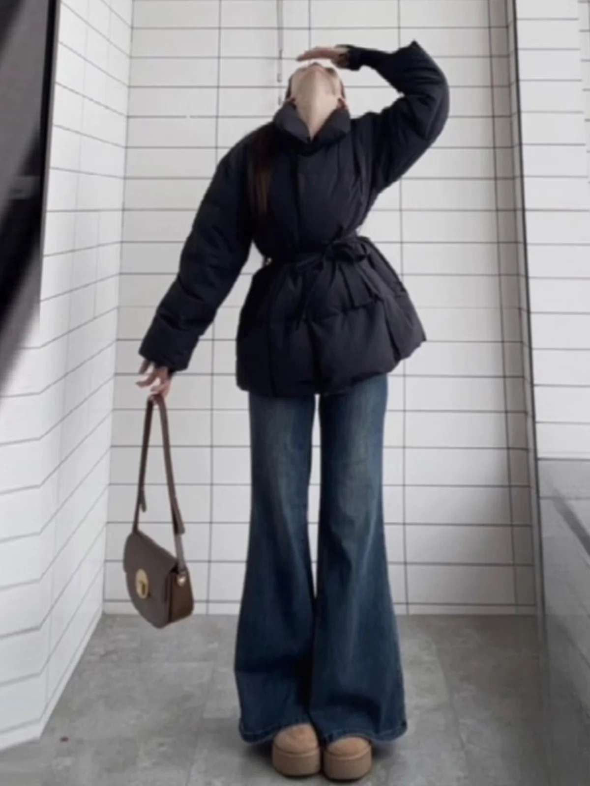 

Hebe Style Women's Cotton Jacket Belted Waist Tie Winter Fashionable Outerwear Loose Korean Version Thickened Long Sleeve