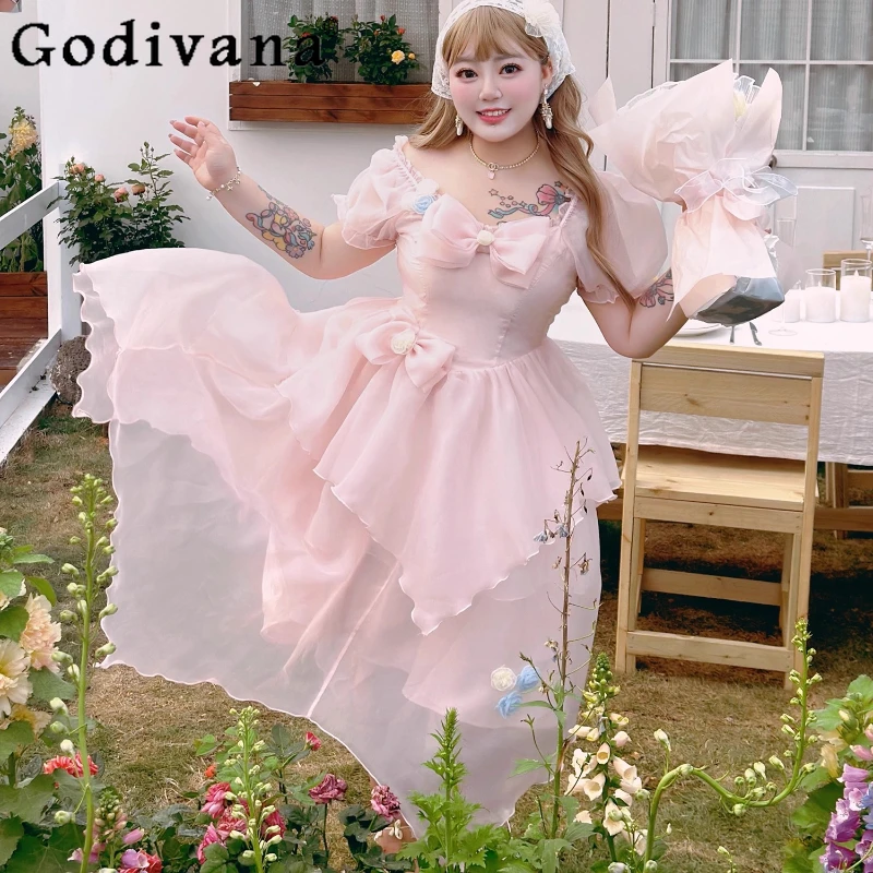 

Large Size Girl Slash Neck Heavy Industry Princess Long Tail Gauze Dress Spring Summer Age Reduction High Waist Fairy Dresses