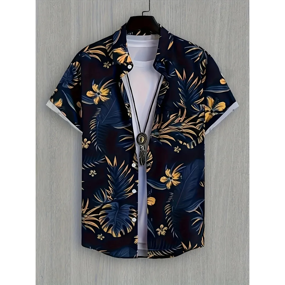Lightweight Wrinkle Resistant Men Button Up Shirt Vintage Golden Tropical Floral Palm Print Loose Summer Resort Casual Blouse