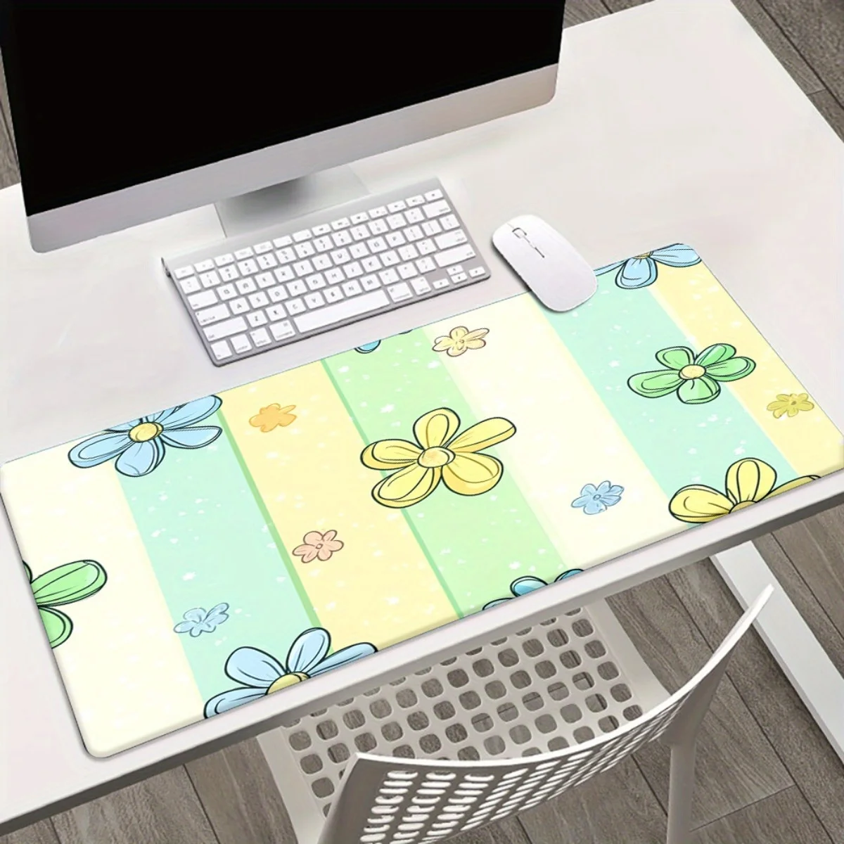 Tappetino da scrivania stampato HD a strisce floreali da 1 pezzo, tappetino per mouse XXL con base in gomma, tastiera multifunzionale e tappetino da gioco, computer da ufficio