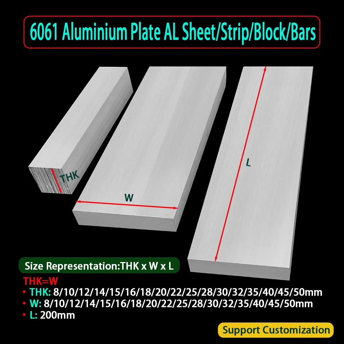 

6061 Aluminum Square Bar Solid Rod DIY Model Making Aluminum Block Dia8/10/12/14/15/16/18/20/22/25/28/30/32/35/40/45/50mm L200mm