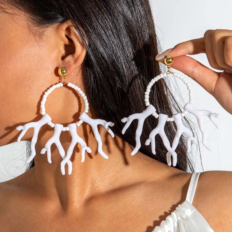 البوهيمي براون المرجان قلادة أقراط للنساء موضة الاكريليك هندسية حبة شرابة أقراط أذن منسدلة مجوهرات اكسسوارات