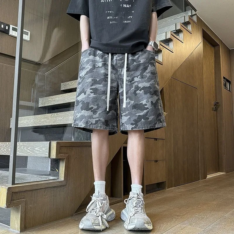 

Американские камуфляжные джинсовые шорты в стиле ретро для мужчин, летние свободные эластичные брюки-карго, модная повседневная мужская одежда