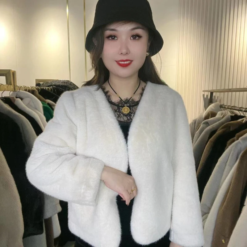 2024 Autumn and Winter New Rabbit Hair Imitate Fur Coat Women's Mink Fleece Coat Short Versatile Mesh Red Plush Coat Quilted Coa