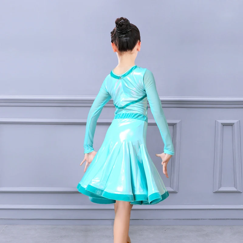 Girls Long Sleeved Latin Dance Dress Neon Patent-Leather Reflective Latin Dress Ballroom Dance Clothes For Kids Costume SL7206