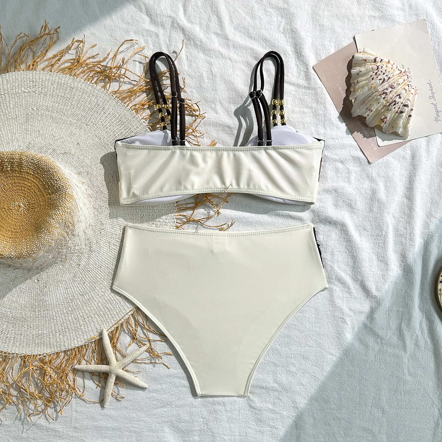 sexy coffee patchwork metal shell bikinis sets two pieces high waist beads swimsuits Swimwear conjunto de bikini biquini tankini
