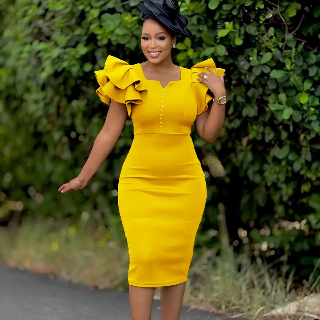 Beaded Single Gown Bodycon Elegant with Short Sleeve Office Chic Ruffle Sleeve Midi Length Ruffle Detail Dress Summer for Women