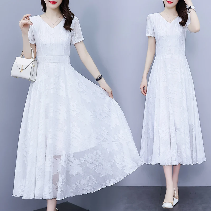 Women White Chiffon Long Dresses Summer Female V Neck Short Sleeve Large Size 5XL Elegant A Line Jacquard Pleated Loose Vestidos