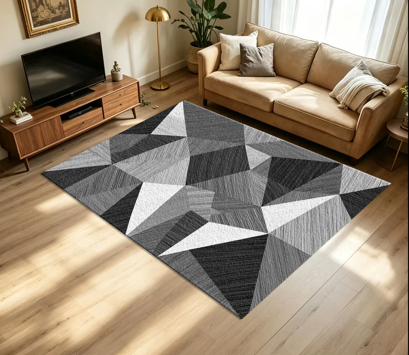 Monochrome Sketch Triangle Geometric Carpet Flooring Hand Drawn Black White Grey Polygon Texture Printed Floor Rug for Household Indoor Home Decoration