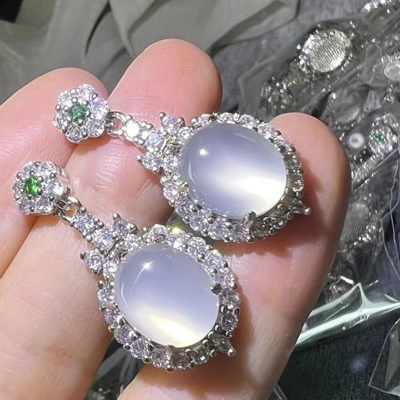 

Серьги из белого ледяного халцедона для женщин, серьги из натурального стекла с натуральным нефритом, белого агата, ледяного прозрачного влажного кристалла, серьги из халцедона Ea