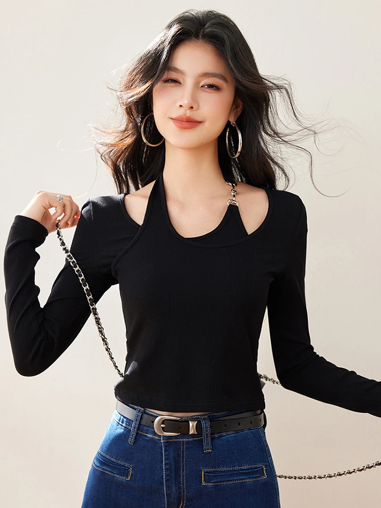 

Solid Color Sexy Slim Fit Long Sleeve T-shirt Women's Clothing 2025 New Fashion Pullovers Tops Niche Design T-Shirts