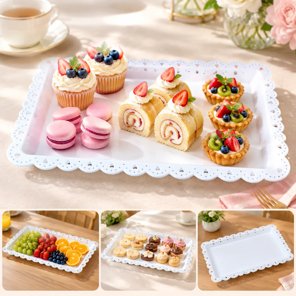 White Rectangular Plastic Serving Tray with Scalloped Heart Cutout Edge for Desserts, Afternoon Tea and Wedding Parties