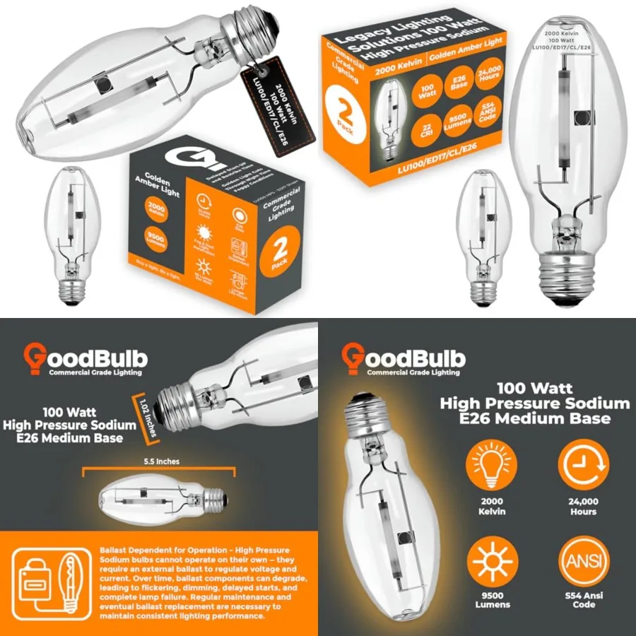 

100-Watt High Pressure Sodium HID Light Bulb E26 Base ED17 ANSI Code S54 High Output HID Light 2000K Warm White Light Color Cle