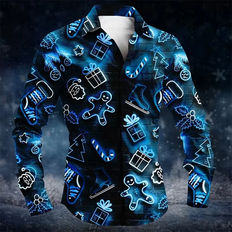 3D Printing Christmas Santa Gingerbread Button Shirts For Men Casual Long Sleeve Oversized Lapel Shirts Tops New In Mens Blouse