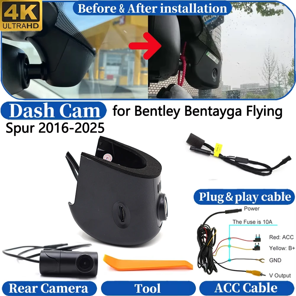 Dash Cam for Bentley Bentayga Flying Spur 2016-2025 Front＆Rear 4K UHD DVR Dashboard Camera Video Drive Recorder Plug and play