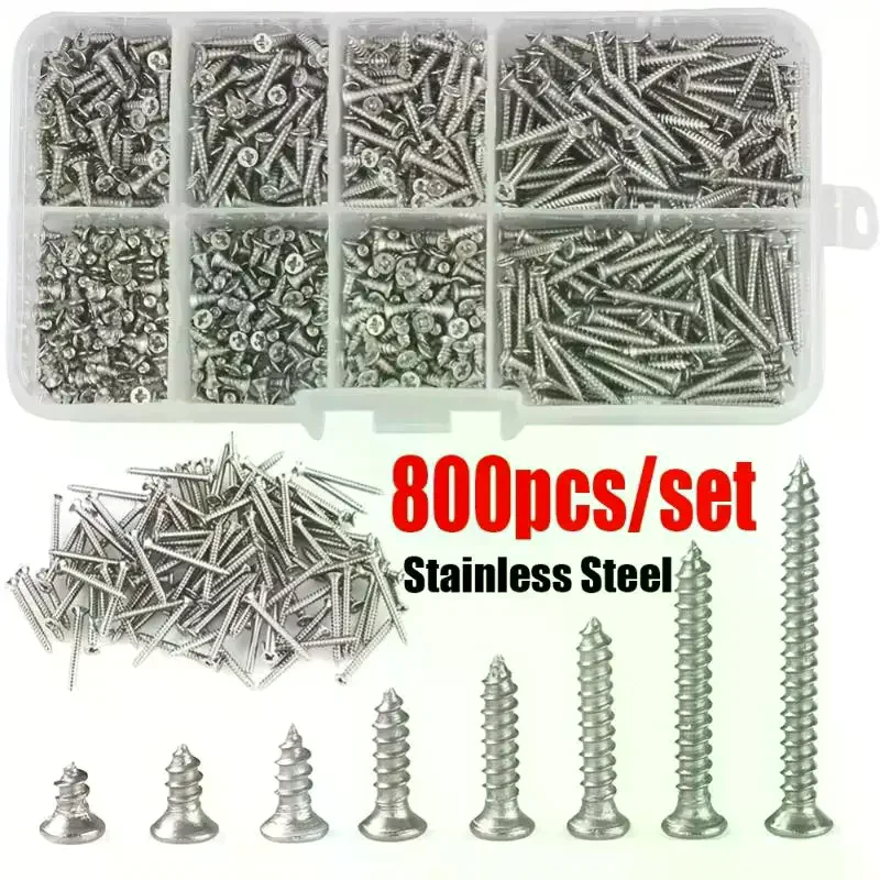 800pcs Self Tapping Wood Screws Set, M2 Flat Head Sheet Metal Screw, Self Tapping Screws Assortment Kit