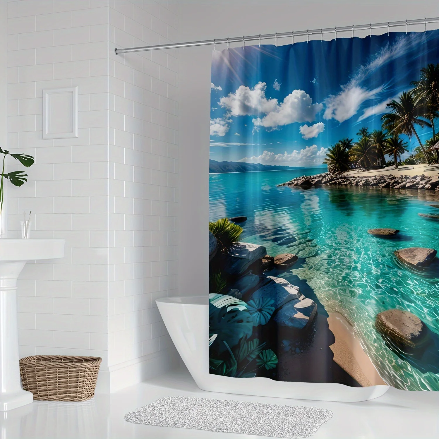 エレガントなトロピカルビーチシーンの防水シャワーカーテン – リラックスと楽園をイメージした雰囲気を演出します。
