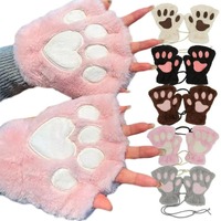 Y2K Women Pink Cute Cat Claw Paw Plush Mittens Warm Plush Short Fingerless Fluffy Bear Cat Gloves Costume Half Finger Party Gift
