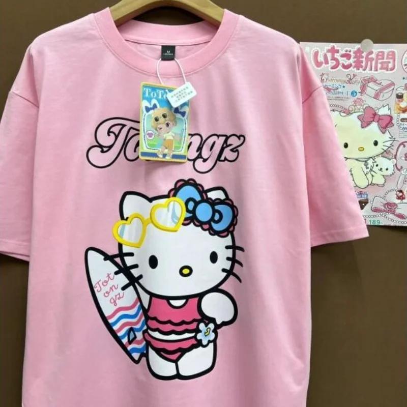

Футболка Sanrio Hello Kitty с короткими рукавами и круглым вырезом, повседневная летняя модная одежда для женщин, женская одежда, футболка Kawaii