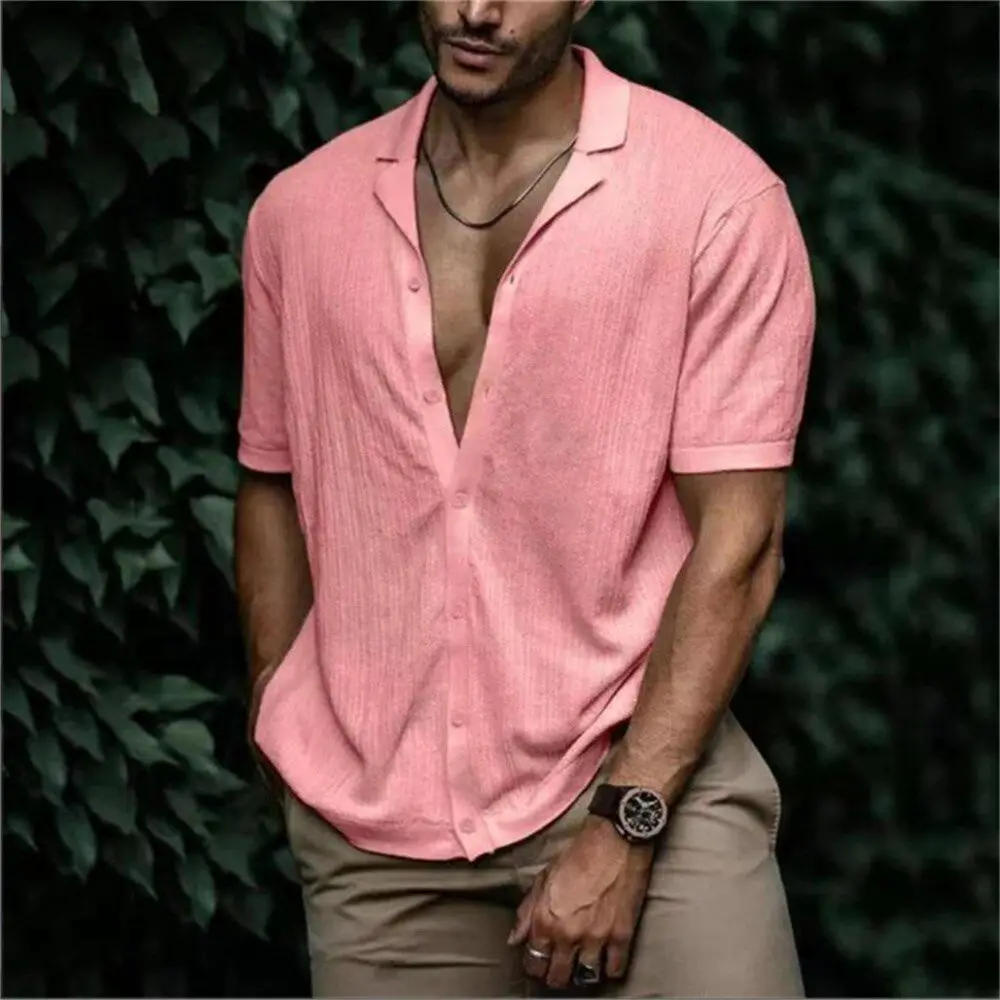 Vintage Hawaiian Shirts for Men Summer Color Short Sleeve Ultra Slim Fit Flocking PU Leather Cotton Youth Trend Citywalk