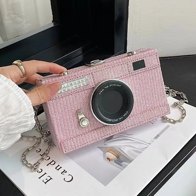 Chic Pink Camera Design Fashion Chains Women Shoulder Bags Funny Box Messenge Bag Luxury Pu Leather Crossbody Bag Ladies Purses