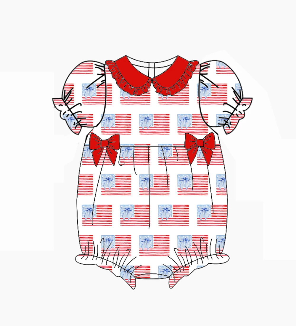 

Детский патриотический комбинезон на 4 июля с пышными рукавами, воротником с рюшами, бантом, принтом флага США и фейерверков, красно-бело-синий, на заказ