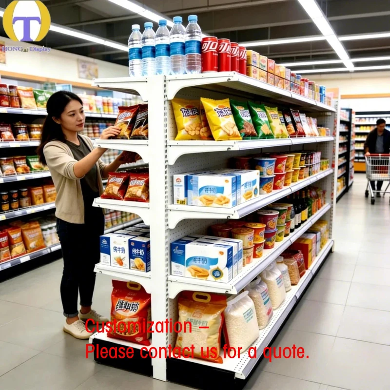 custom.HongTai Heavy Duty Double Sided White Gondola Shelving High Quality Custom Size Supermarket Shelves Retail