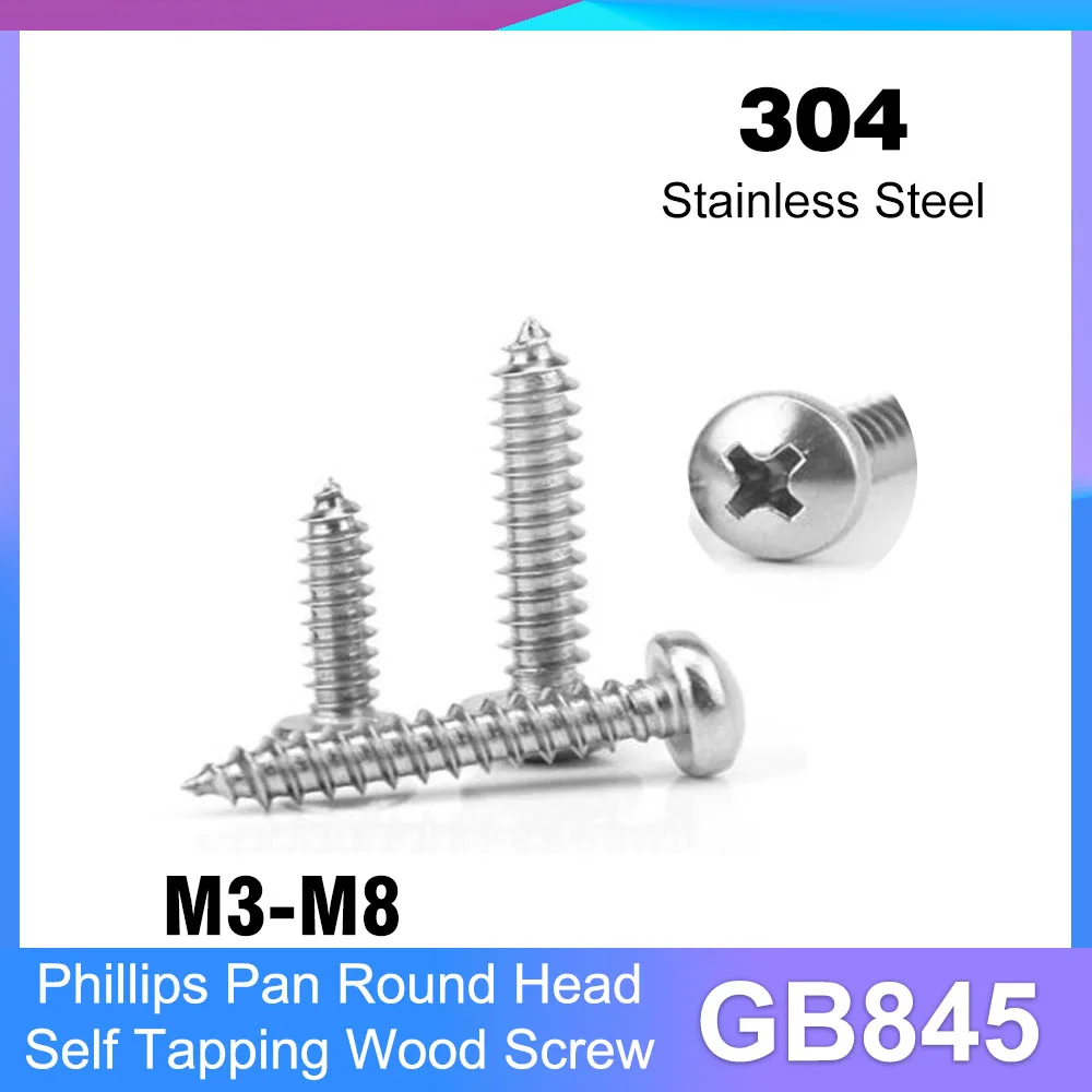 M3 M3.5 M4 M4.2 M4.8 M5 M5.5 M6 M8 GB845 304 Stainless Steel Cross Phillips Pan Round Head Self Tapping Wood Screw