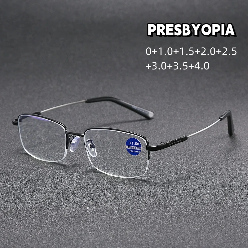 

New Business Personalized Anti Blue Light Presbyopia Glasses Metal Half Frame Portable Light Weight Reading Eyewear To +4.0