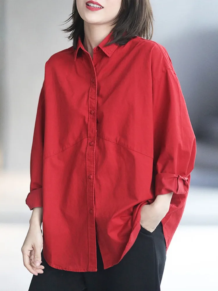 

Red Cotton Ladies irt Casual Loose Long Sve Autumn Commute Simple Sle Slimming Top Collar Button Detail