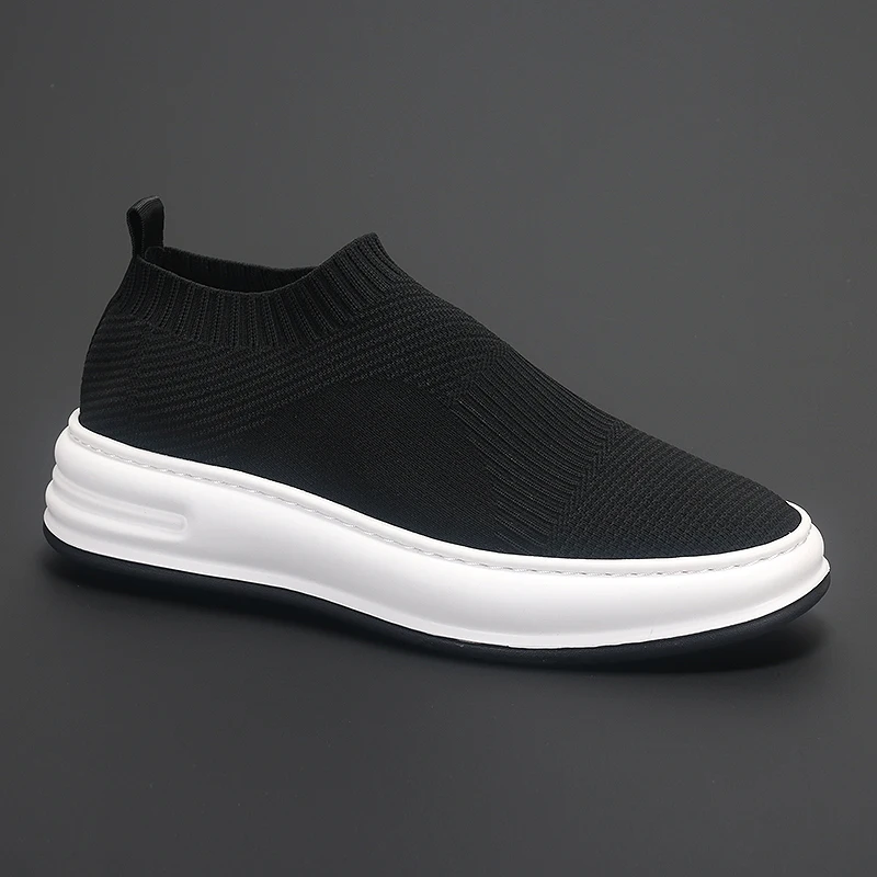 Fashionable Black Flying Woven Mesh Shoes Casual New Low-top Board Shoes Thick Soles Comfortable Socks Shoes Men's Fashion Shoes