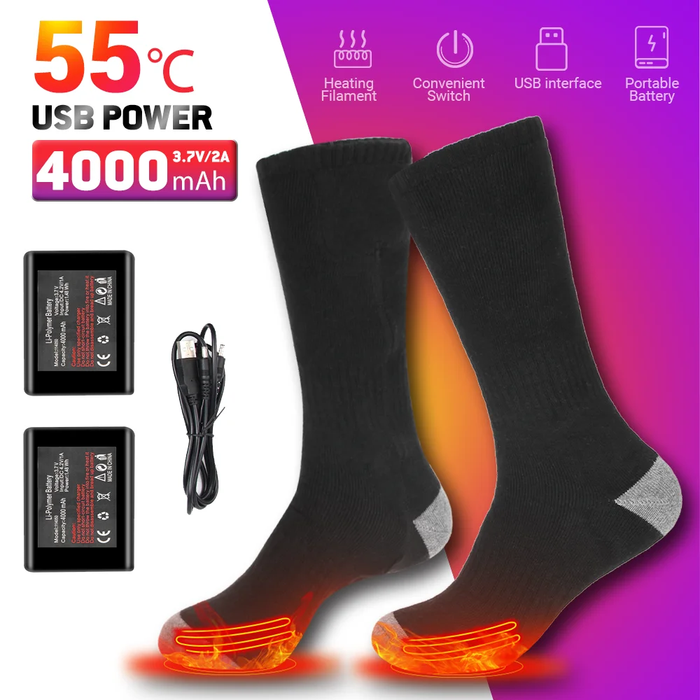 

Heated Socks Winter Warmth 55℃ USB Rechargeable 5000mAh Heating Socks Outdoor Sports Camping Snowmobile Skiing Heated Sock