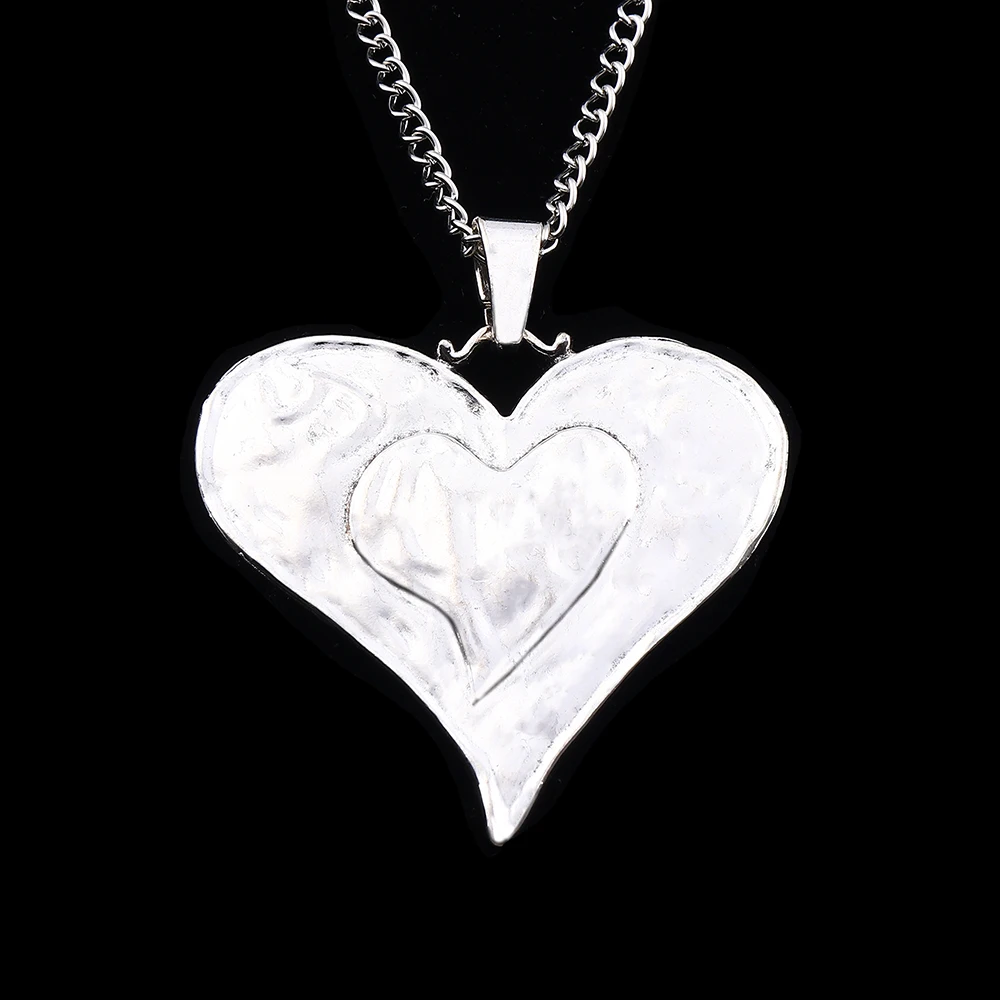 Tibetan Silver Large Hammered Bilayer Love Heart Pendant on Long Chain Necklace Lagenlook 34 Inches for Jewelry Women