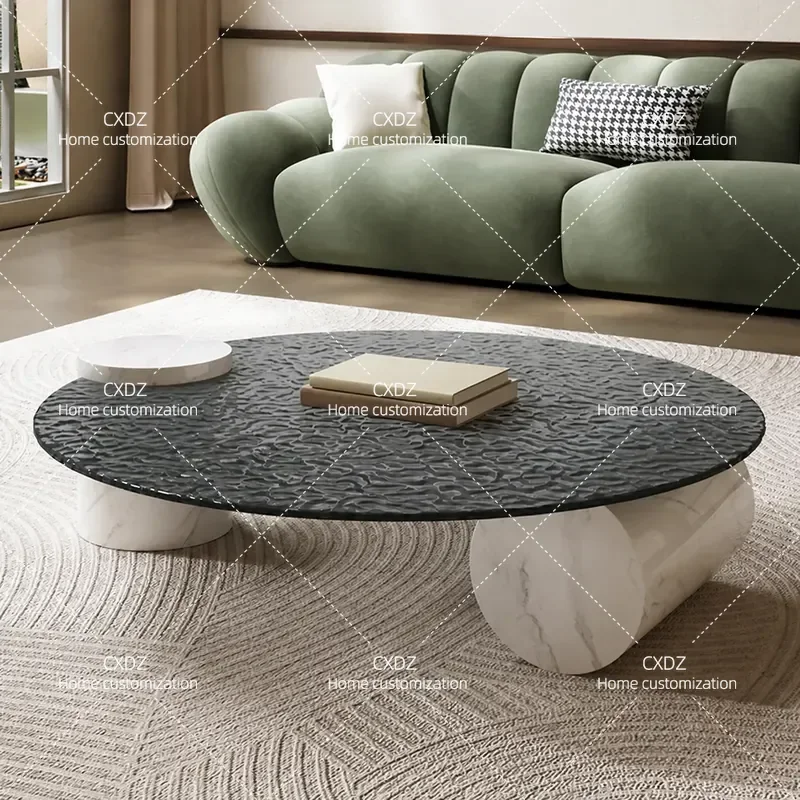 Italian Minimalist Round Coffee Table Natural Marble Base Tempered Glass Top Water Ripple Design Creative Living Room