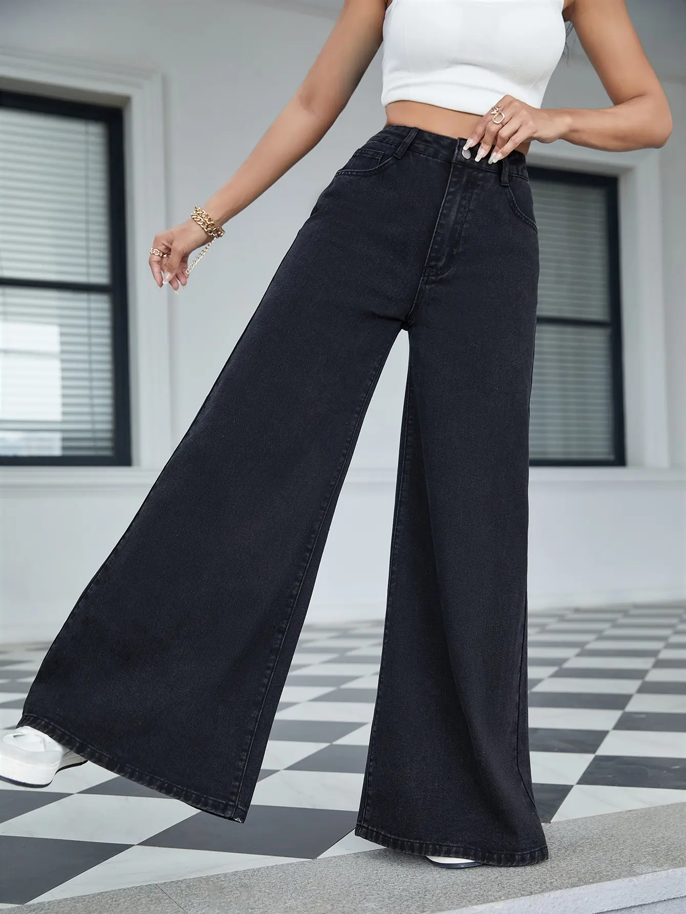 WGXWGX Women's High-Waisted Black Wide-Leg Jeans Loose Fit Cotton Denim Button-Front Full-Length Trendy 2025 Pants