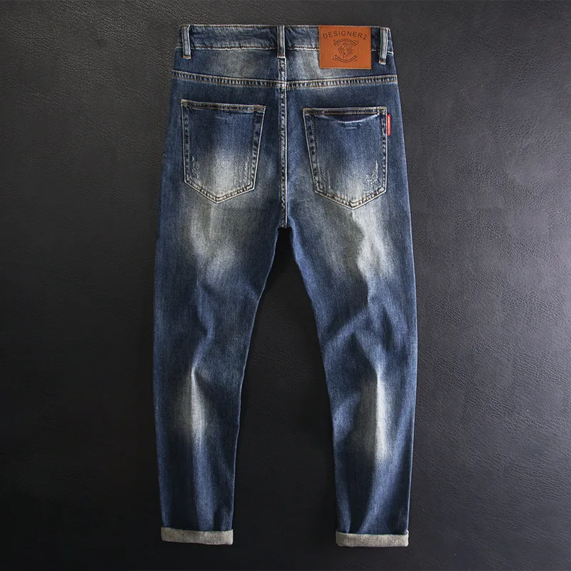 Tiger embroidery printed jeans for men, fashionable, high-end, trendy, personalized, slim fit, elastic denim pants