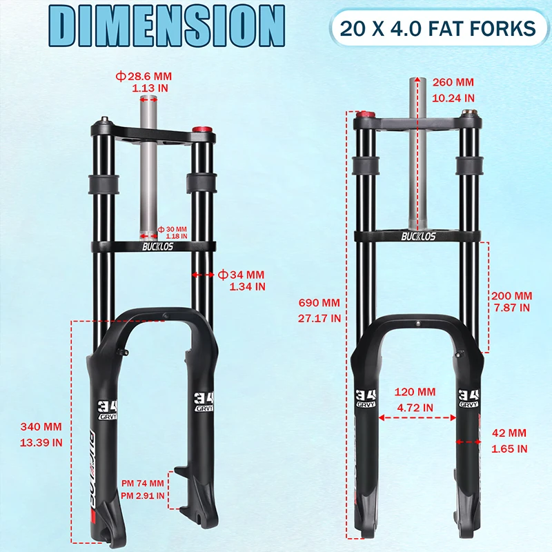 Garpu Suspensi Sepeda BUCKLOS 20/26 inci 4.0 Ban Tebal, Travel 180mm, 9*135mm, Garpu Pegas Oli E-Bike, Garpu Coil Double Crown untuk Sepeda Salju