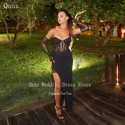 Qanz Sexy Party Dresses for Woman High Leg Slit Black Satin Prom Dresses Strapless Lace Customized Robes De Cocktail Club Night