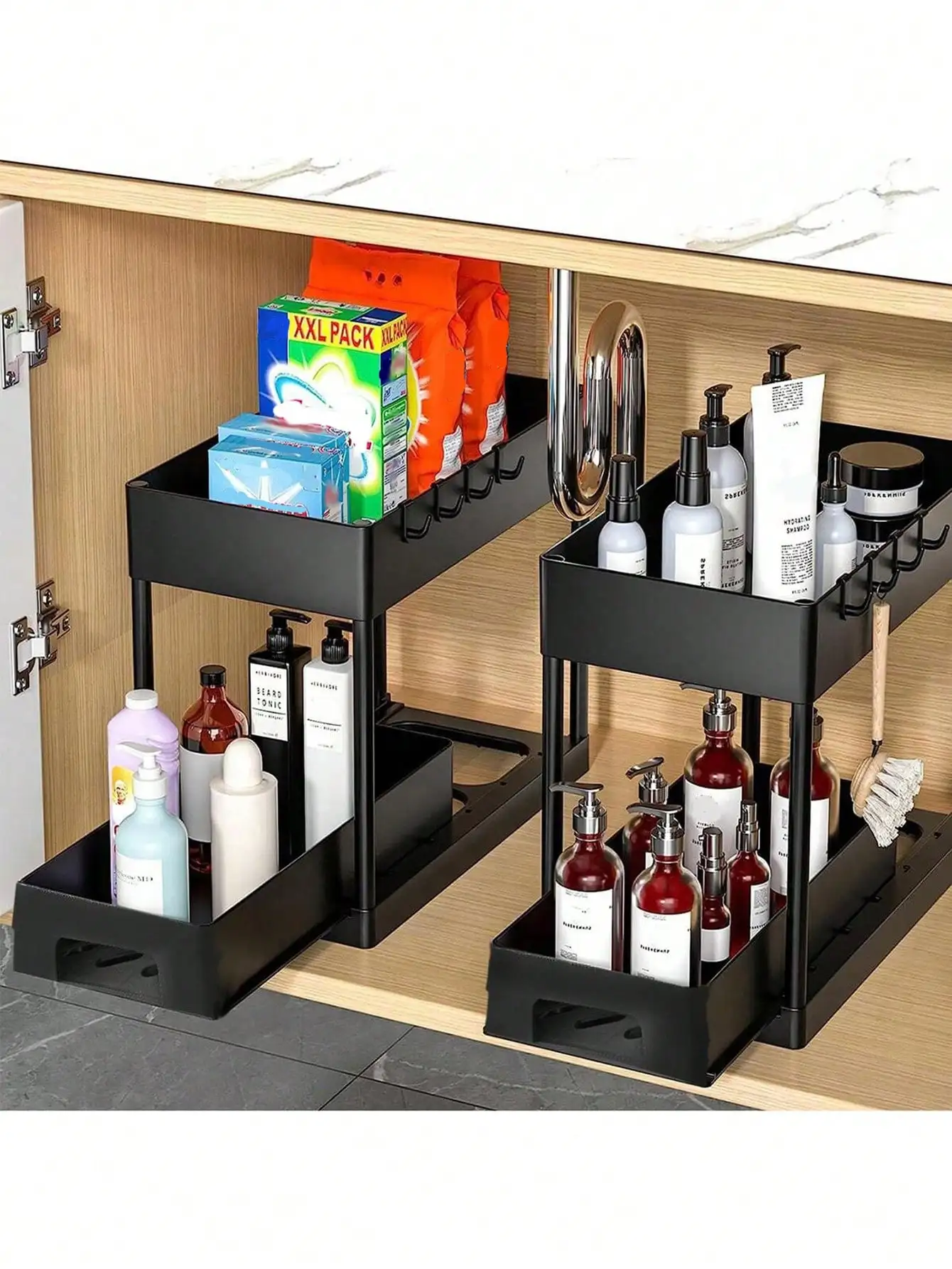 Multifunctional Under Sink Storage Organizer, Pull-Out Cabinet Rack, 2 Tier Bathroom Shelf