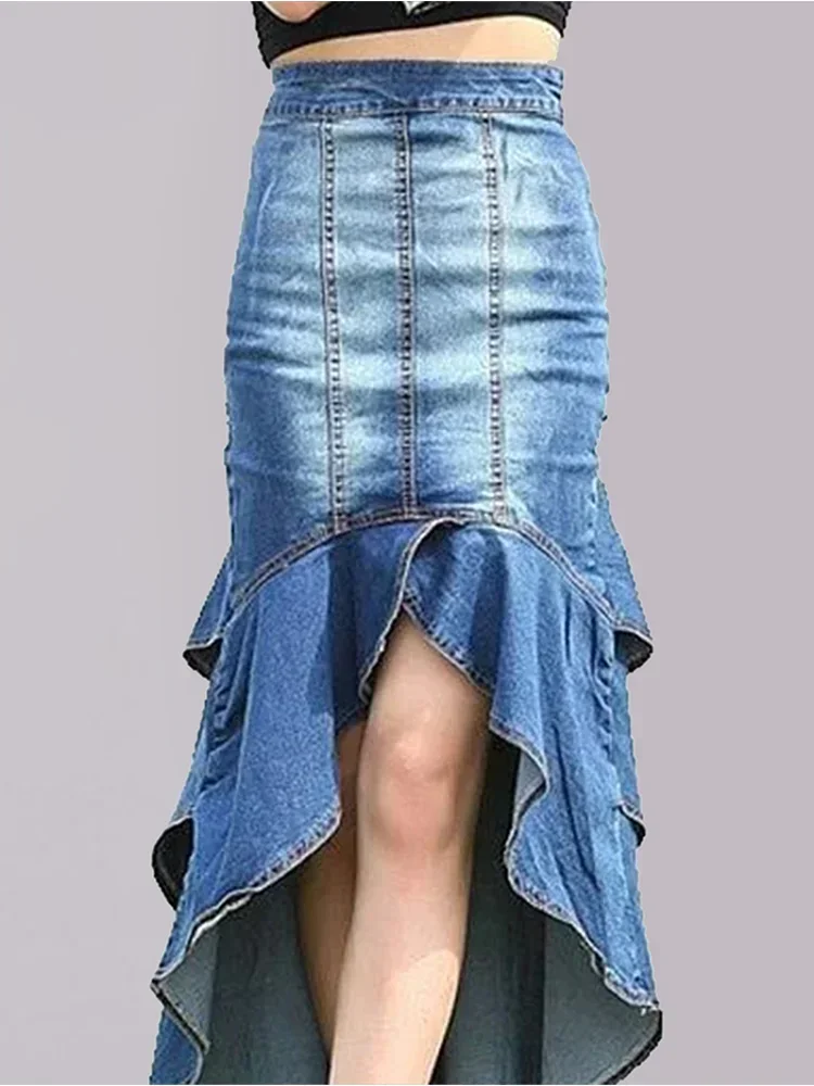 

Long Denim Skirt Vintage Women Elegant Plain Light Washed High Low Hem Denim Bodycon Skirt Korean Style Jean Slim Midi Skirt