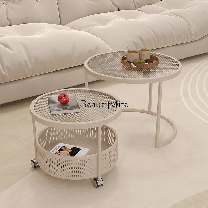

ld14Cream Style Glass Coffee Table for Small Living Room, Simple Modern Light Luxury Round Shape