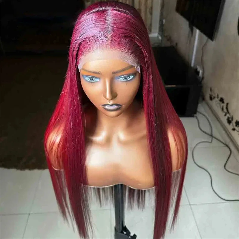 

26" 180Density Long Highlight Wine Red Silky Straight Lace Front Wig For Women BabyHair Heat Resistant Glueless Preplucked WIgs