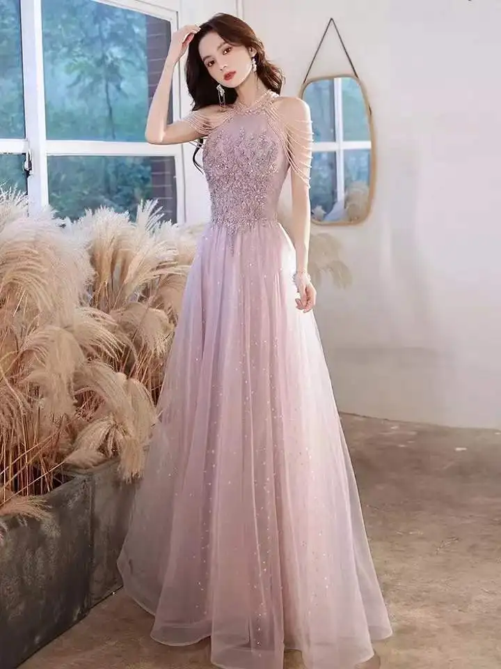 

Elegant Pink Evening Dress With Tassel Sleeves Halter Sequins Beading A Line Applique Floor Length Wedding Party Prom Gowns New