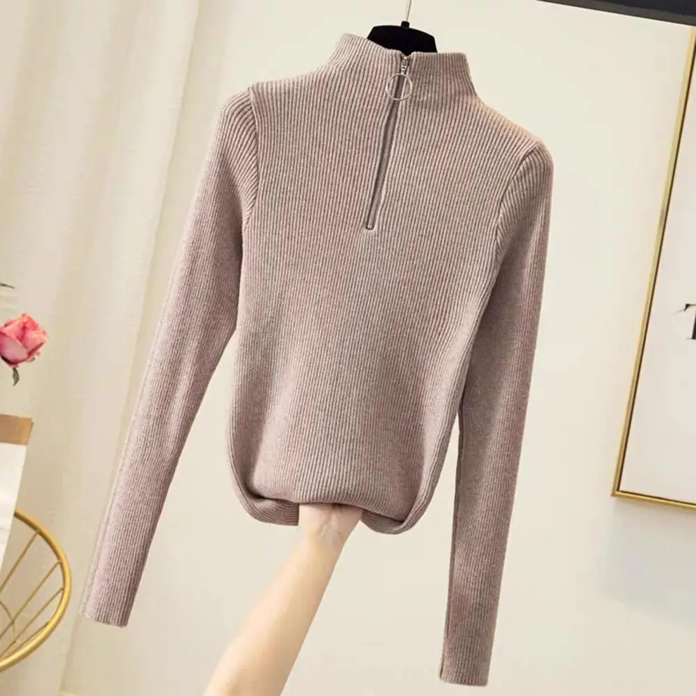 Women Sweater Solid Color Half High Collar Pullover Top Zipper Decoration Casual Base Sweater For Daily Wear Suéter De Mujer