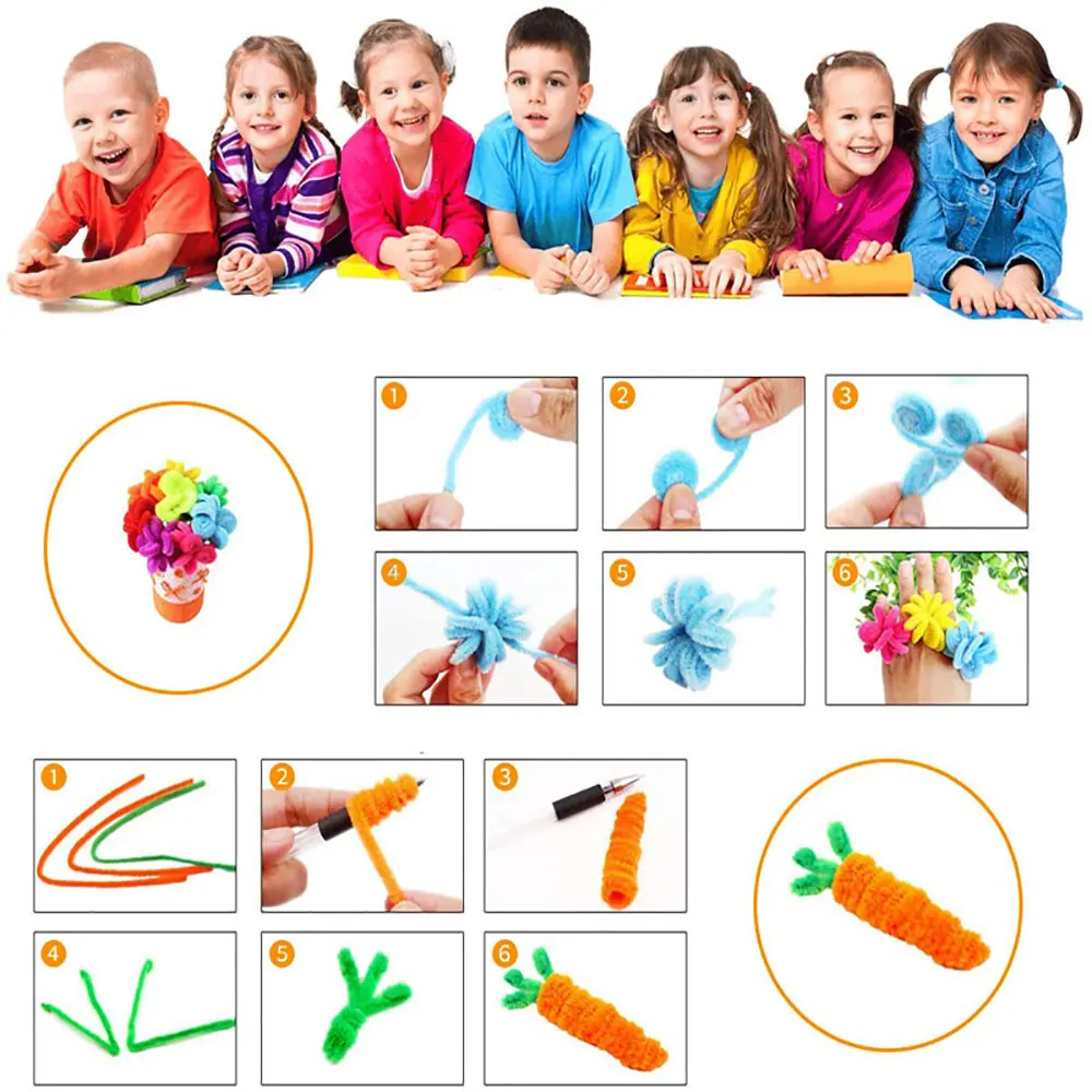 For Fun 100pcs Chenille Stem Pipe Kids DIY Creative Toy Colorful Twist Stick Cleaners Educational Handmade Material Plush Strips