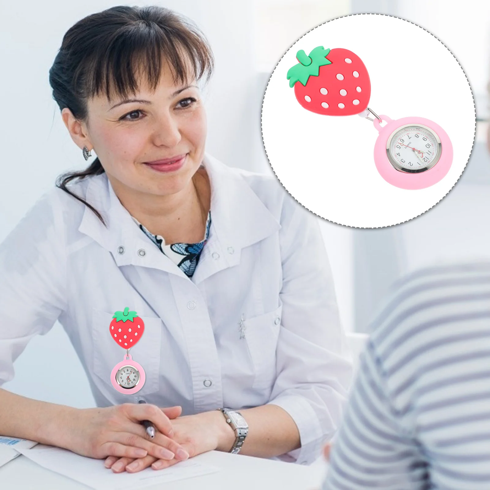 

1Pc Charming Strawberry Nurse Pocket Watch Stretchable Clip On Doctor Hanging Timepiece Zinc Alloy Glass Silicone