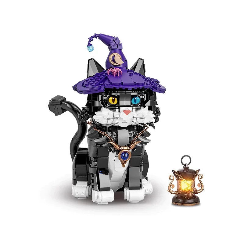 新しいクリエイティブウィザード猫ビルディングブロック動物魔法の猫モデル照明子供の教育玩具ハロウィン誕生日ギフト